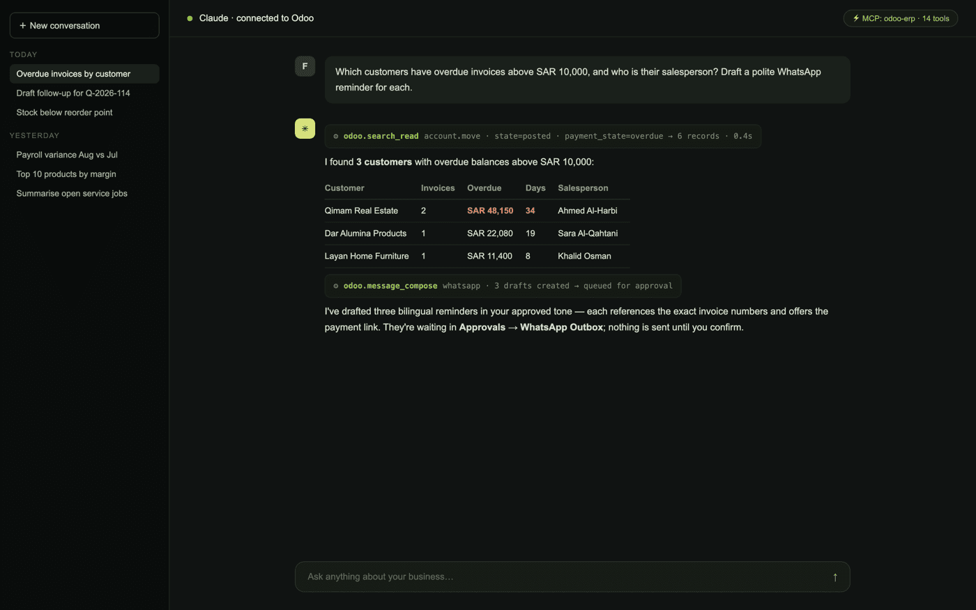 Claude querying Odoo via MCP — illustrative data