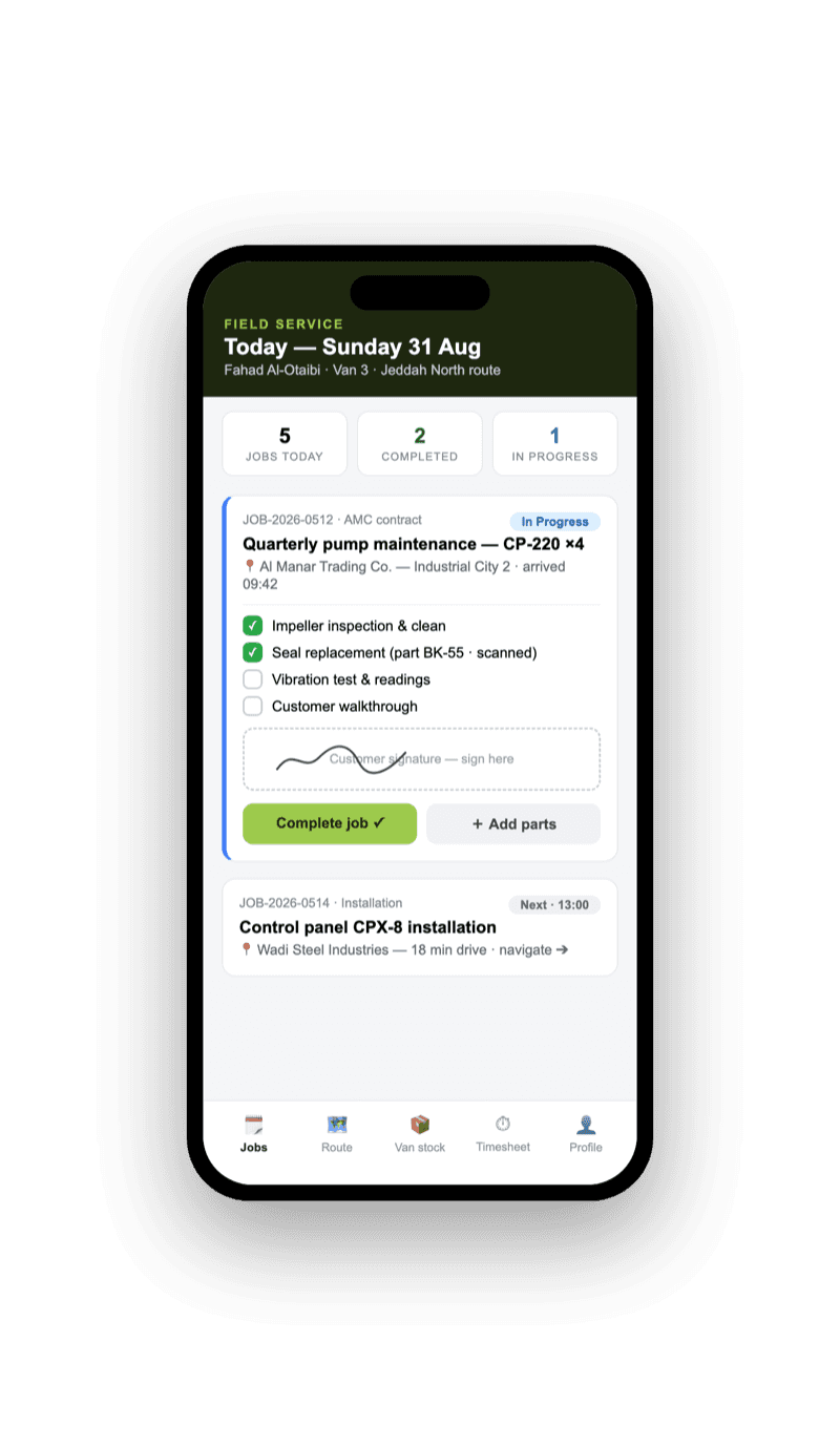 Field service mobile app — illustrative data