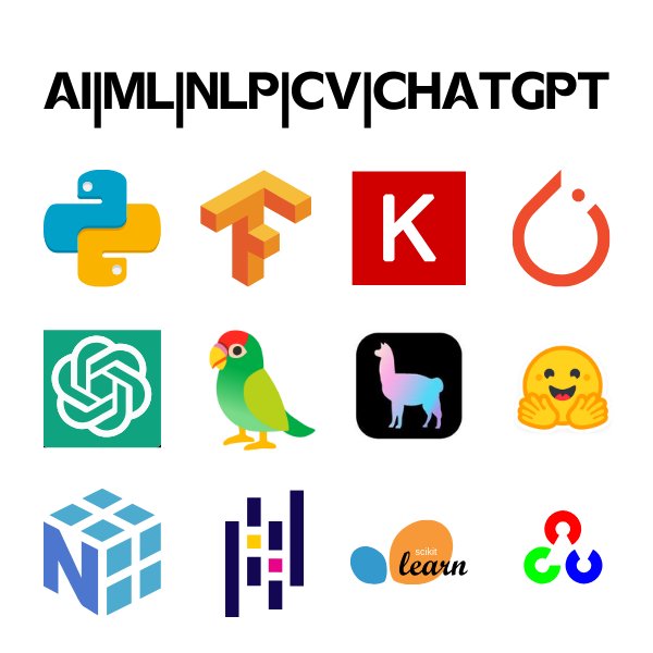 Icons of popular AI and machine learning tools and frameworks such as Python, TensorFlow, Keras, PyTorch, OpenAI, LangChain, Hugging Face, Scikit-Learn, and OpenCV.