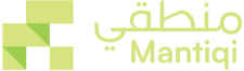 Logo of Mantiqi with Arabic text and green geometric design elements.